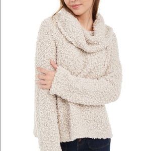 White Boucle Knit Mock Neck Turtleneck Sweater